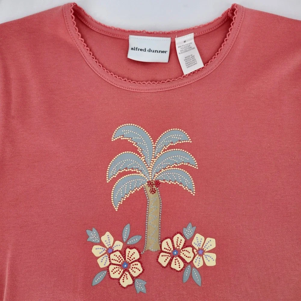 Alfred Dunner Womens Coral Pink Palm Tree Tropical Top Size M Coastal Grandma